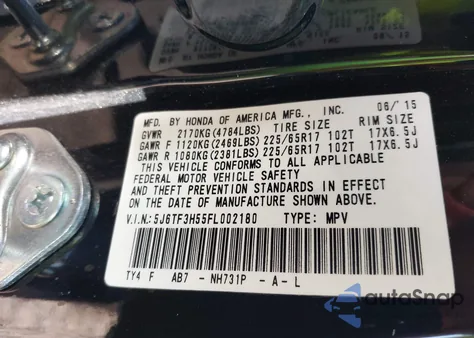 2015 Honda Crosstour Ex-L z USA, uszkodzony, nr VIN 5J6TF3H55FL002180